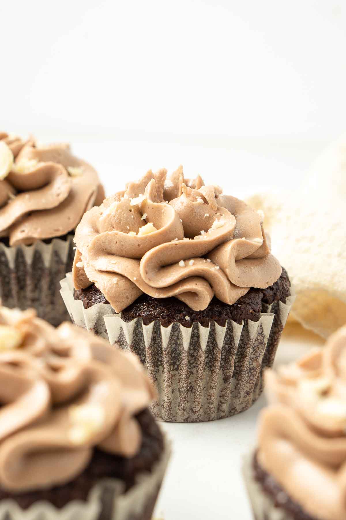 close up of a chocolate cupcake.