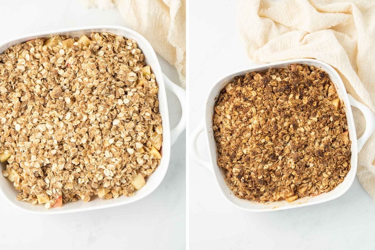 Apple crumble in a baking dish before and after being baked in the oven.