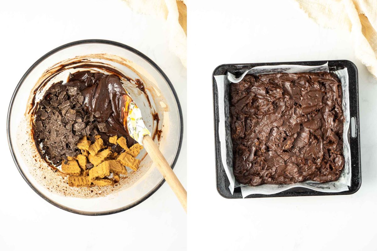 Brownie batter in a glass bowl and poured into a square baking tin.