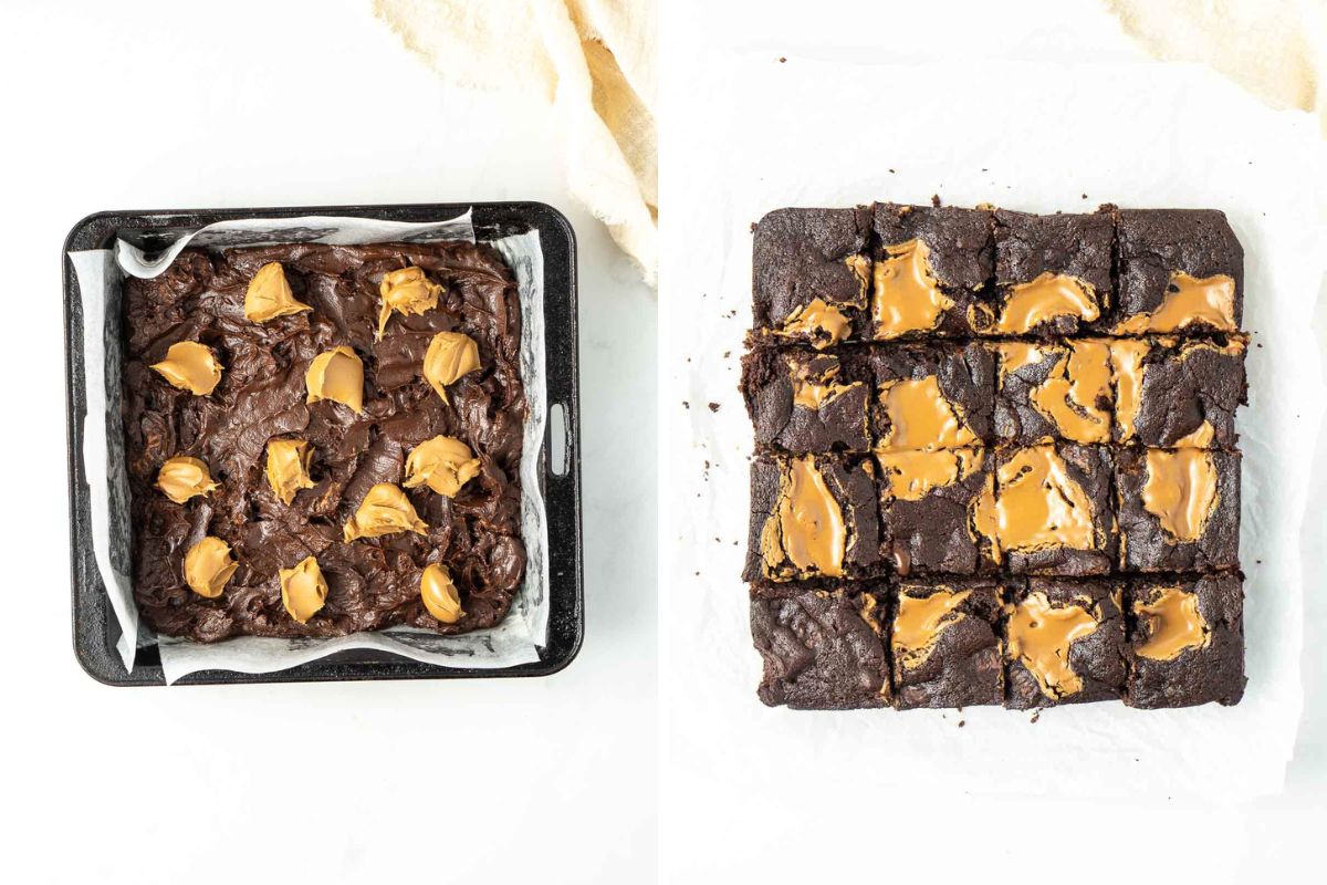 Vegan brownies with biscoff ready from the oven and freshly baked and sliced into squares. 