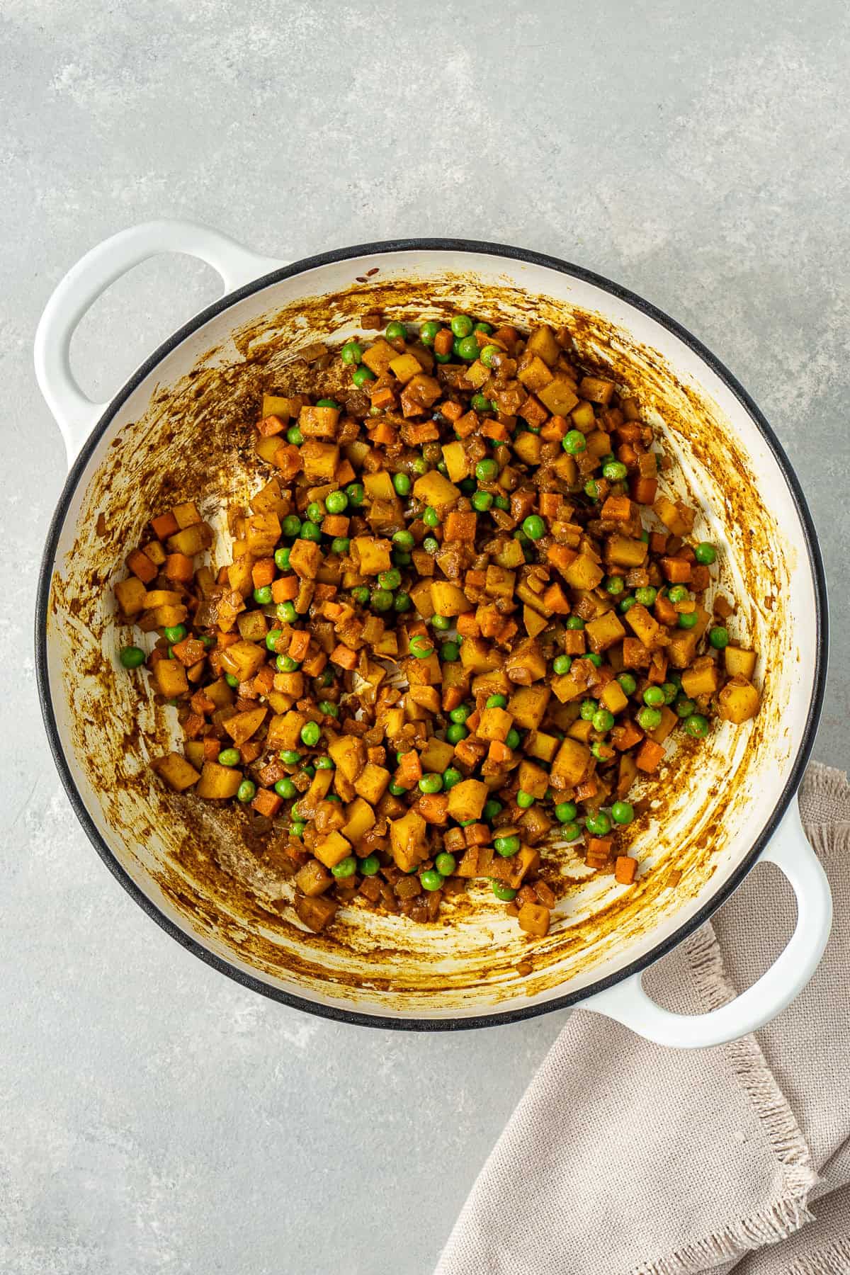 The cooked filling in a frying pan.