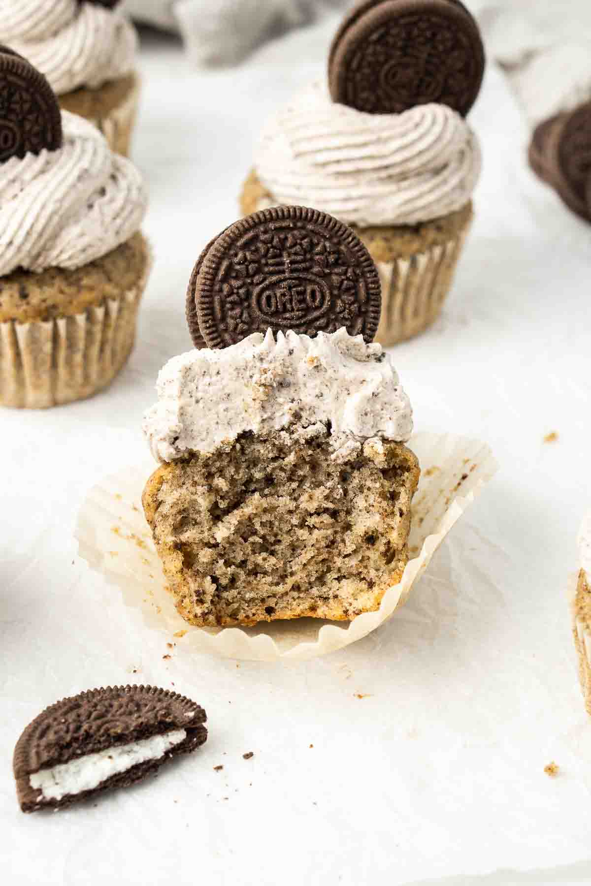 Close up of the inside of a cookies and cream cupcake.