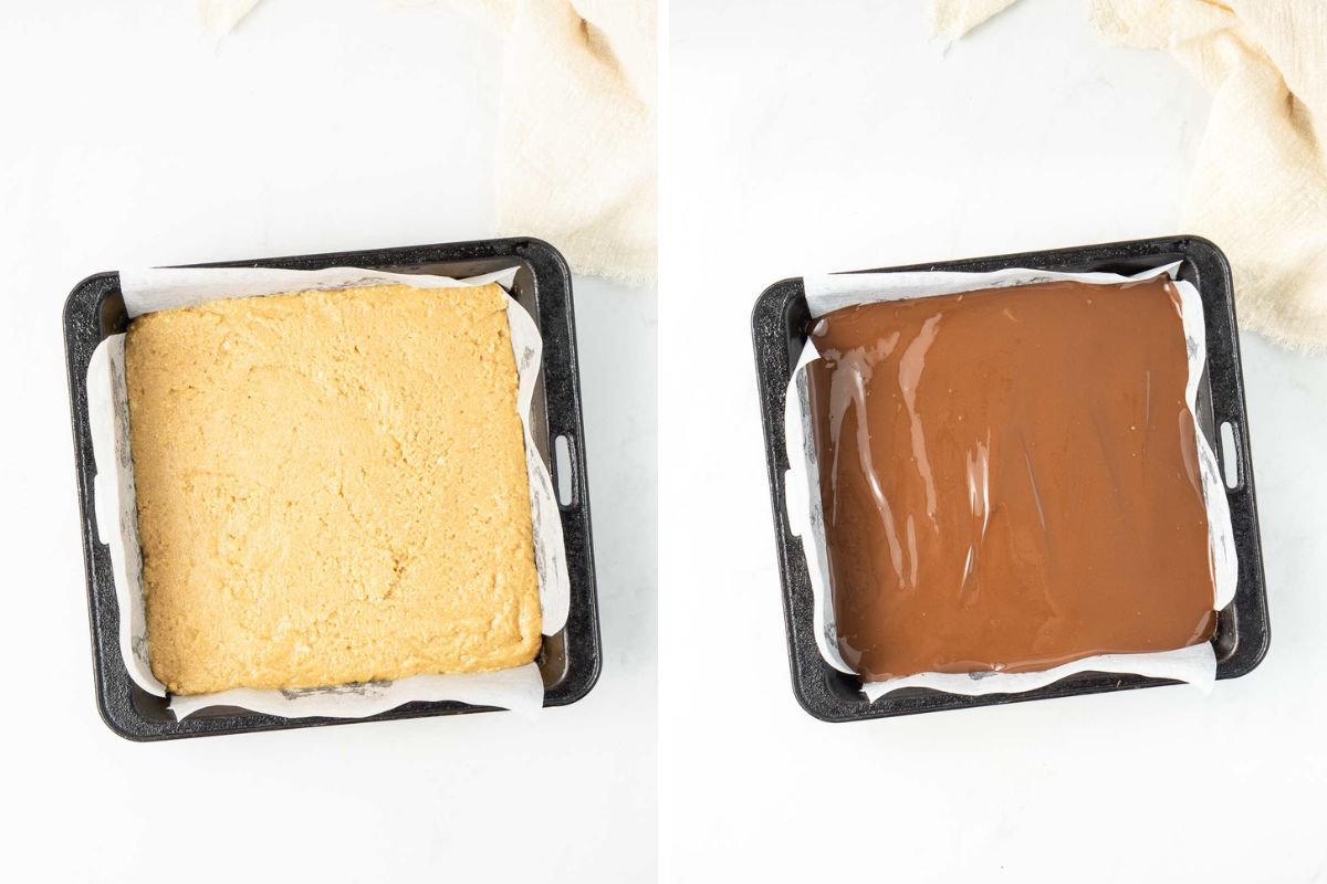 The peanut butter layer in a pan and then topped with melted chocolate.