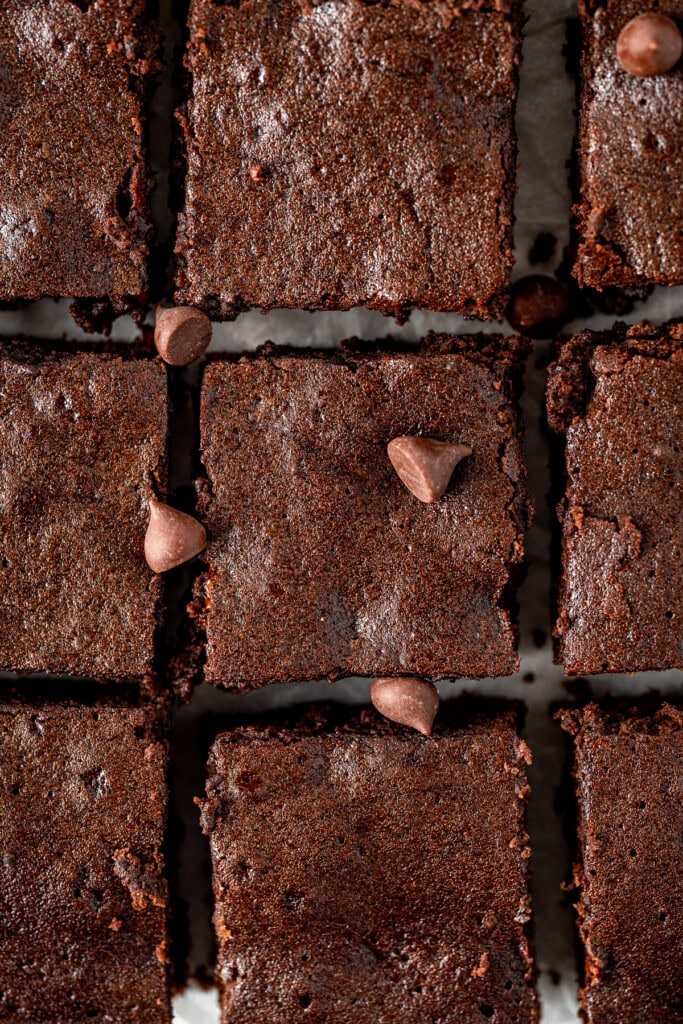 Close up of cut dairy free chocolate brownies.