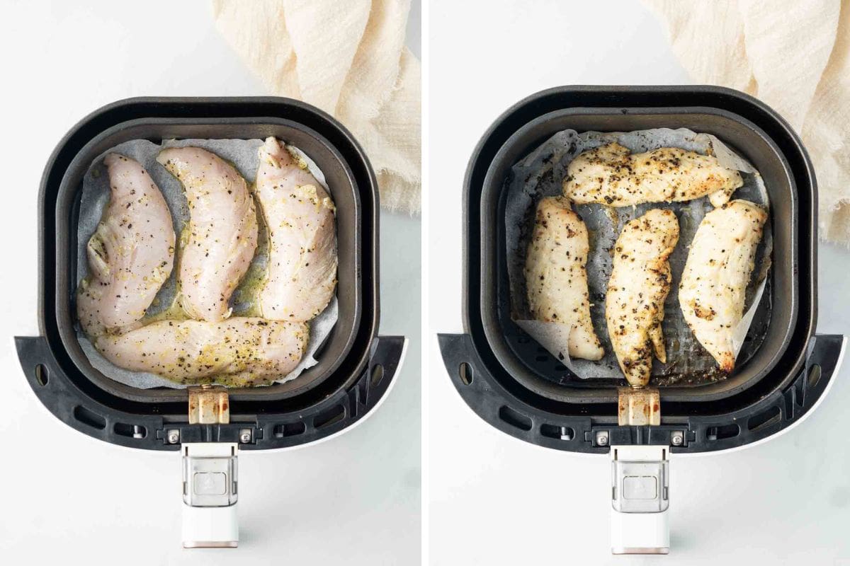 Lemon pepper chicken in the air fryer before and after cooking. 