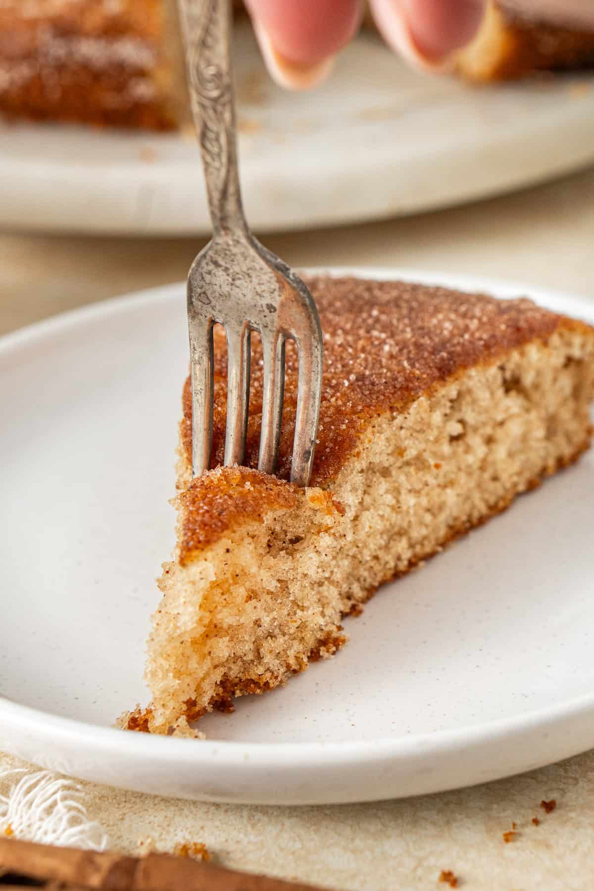 A fork taking a bite of cinnamon tea cake. 
