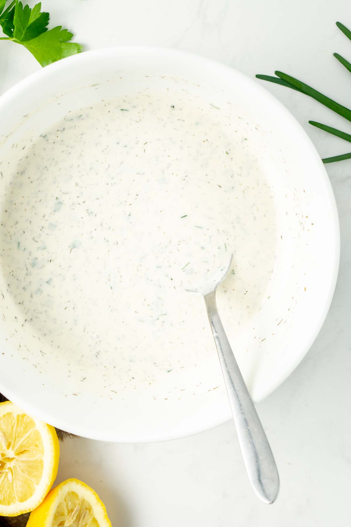 Dairy free ranch dressing in a bowl ready to serve.