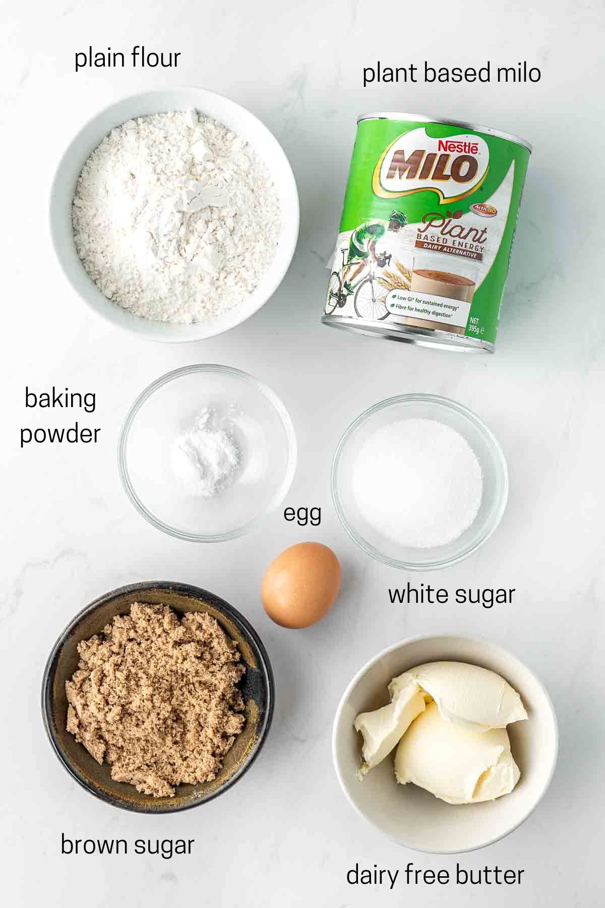 All ingredients needed to make milo biscuits laid out.