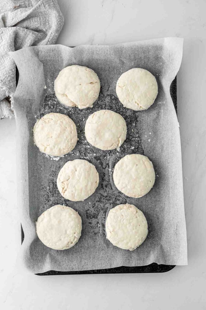 Cut out scones on a baking tray ready for baking.