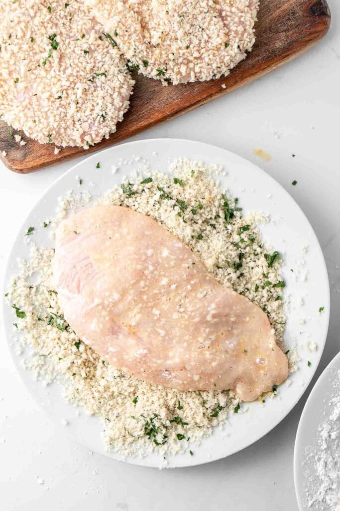 Chicken coated in flour and egg then dipped in breadcrumbs.