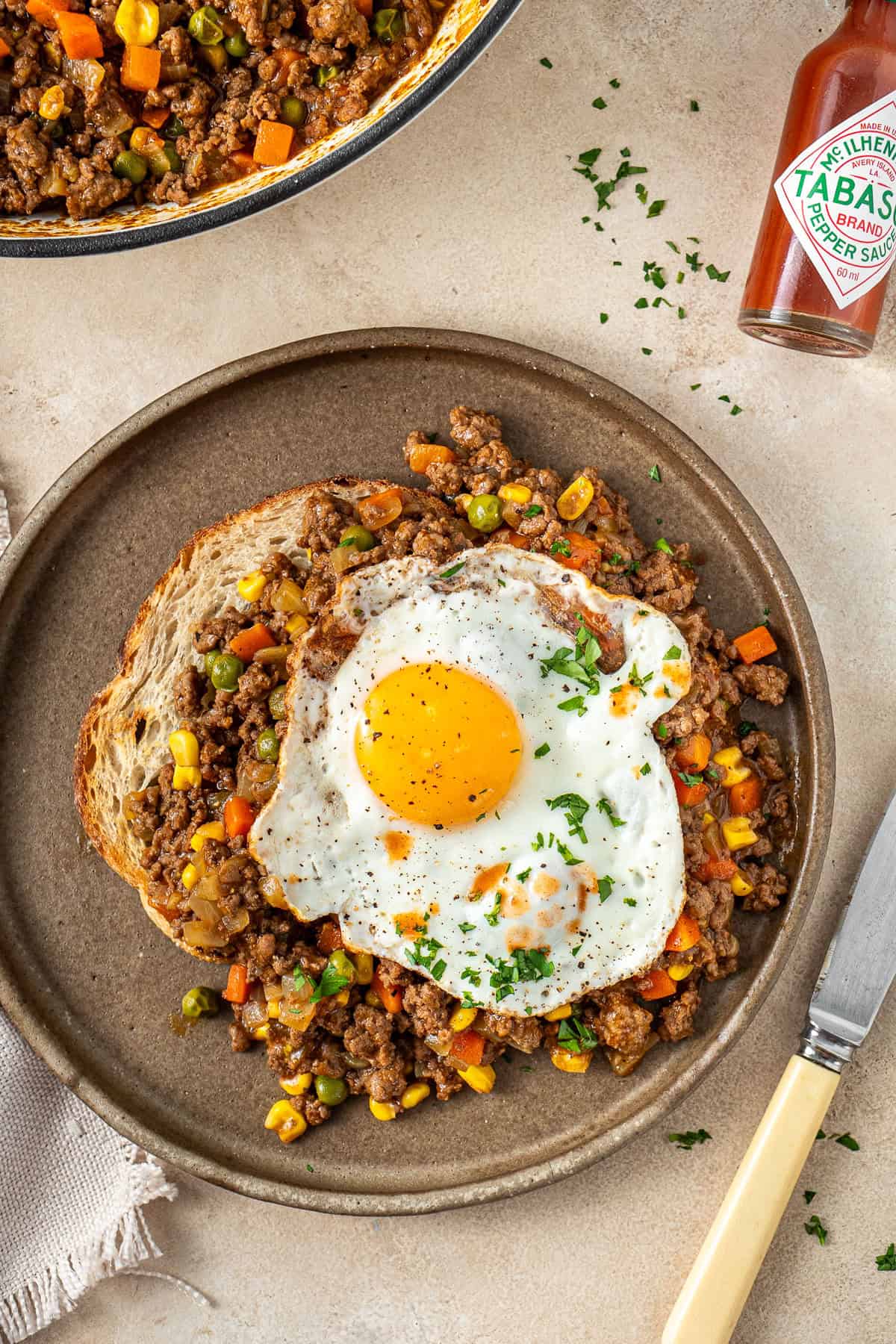 Savoury mince on toast with a fried egg. 