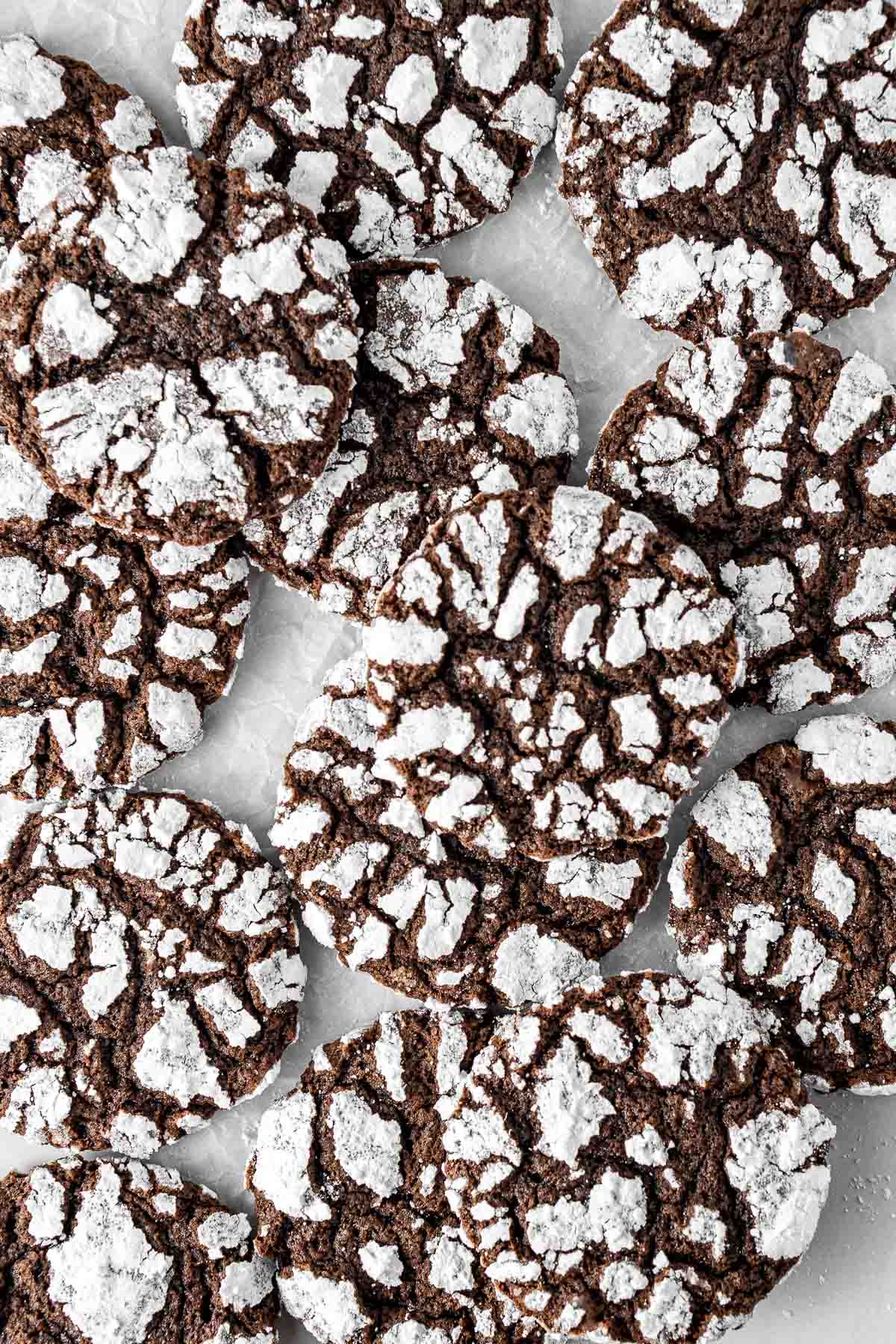 Chocolate crinkle cookies from above showing their pattern.