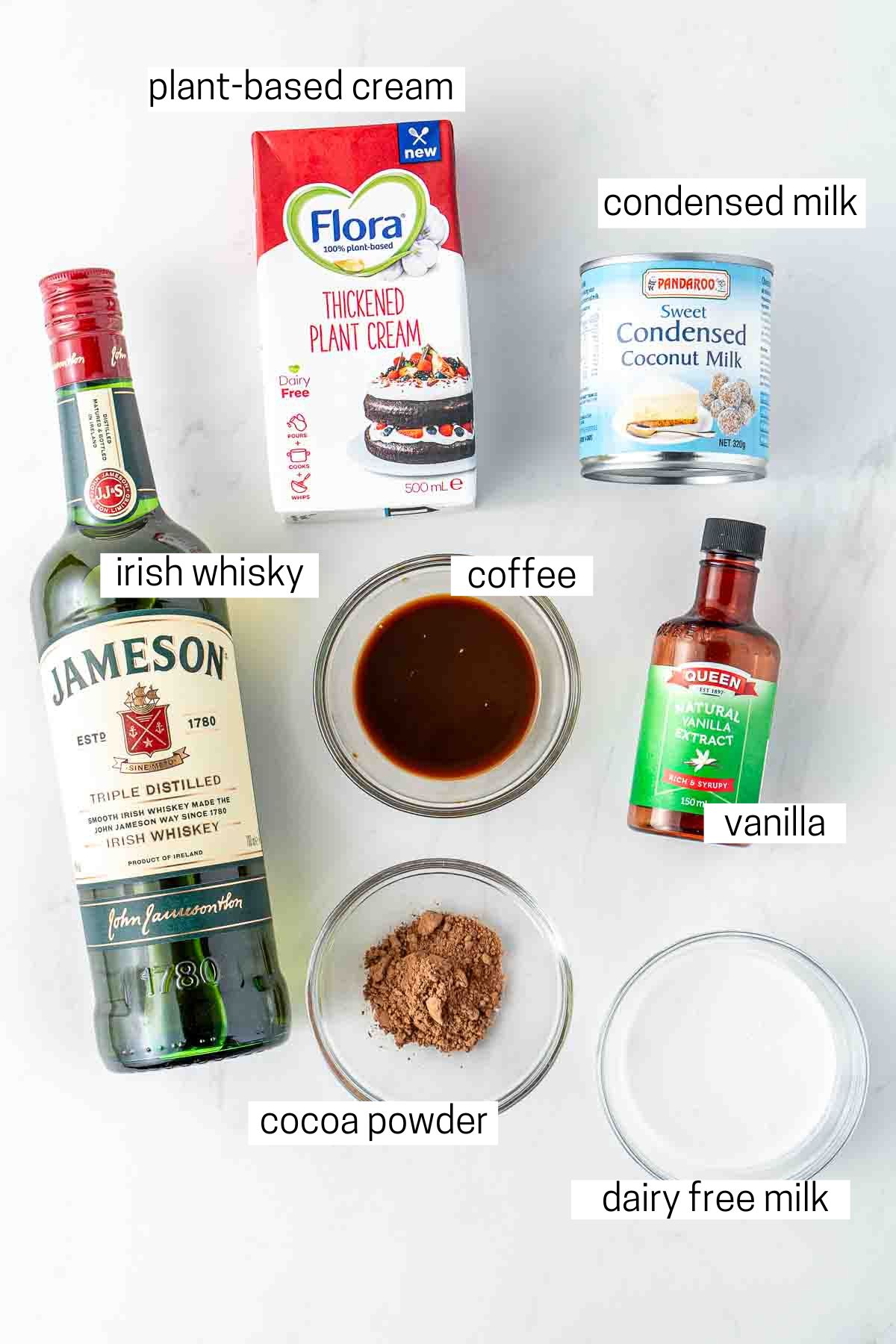 All ingredients needed for dairy free baileys laid out in bowls. 