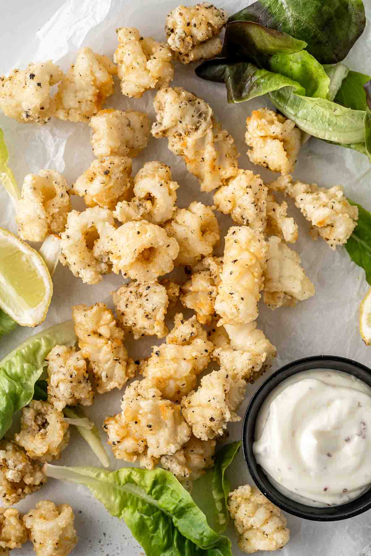 Fried salt and pepper squid with lemon and aioli. 