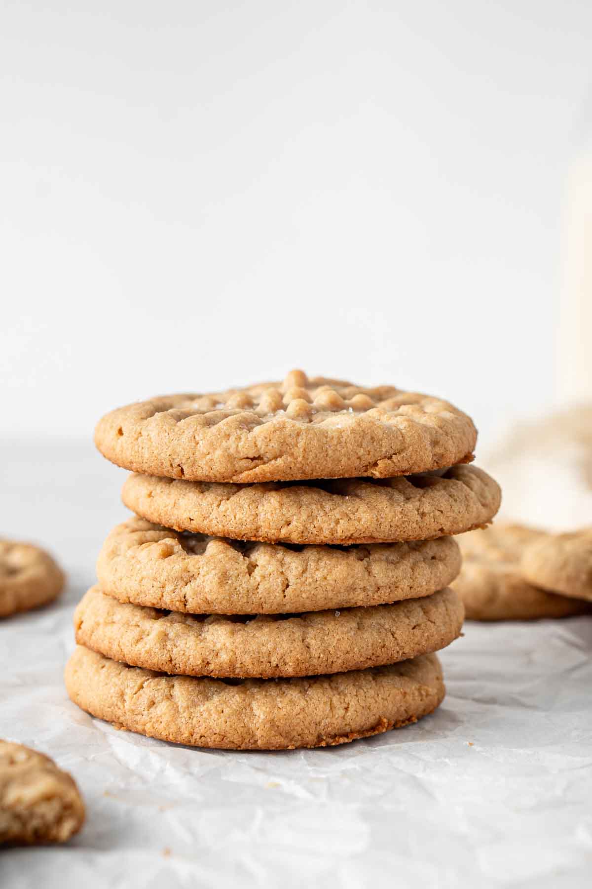 Stack of 5 peanut butter cookies.
