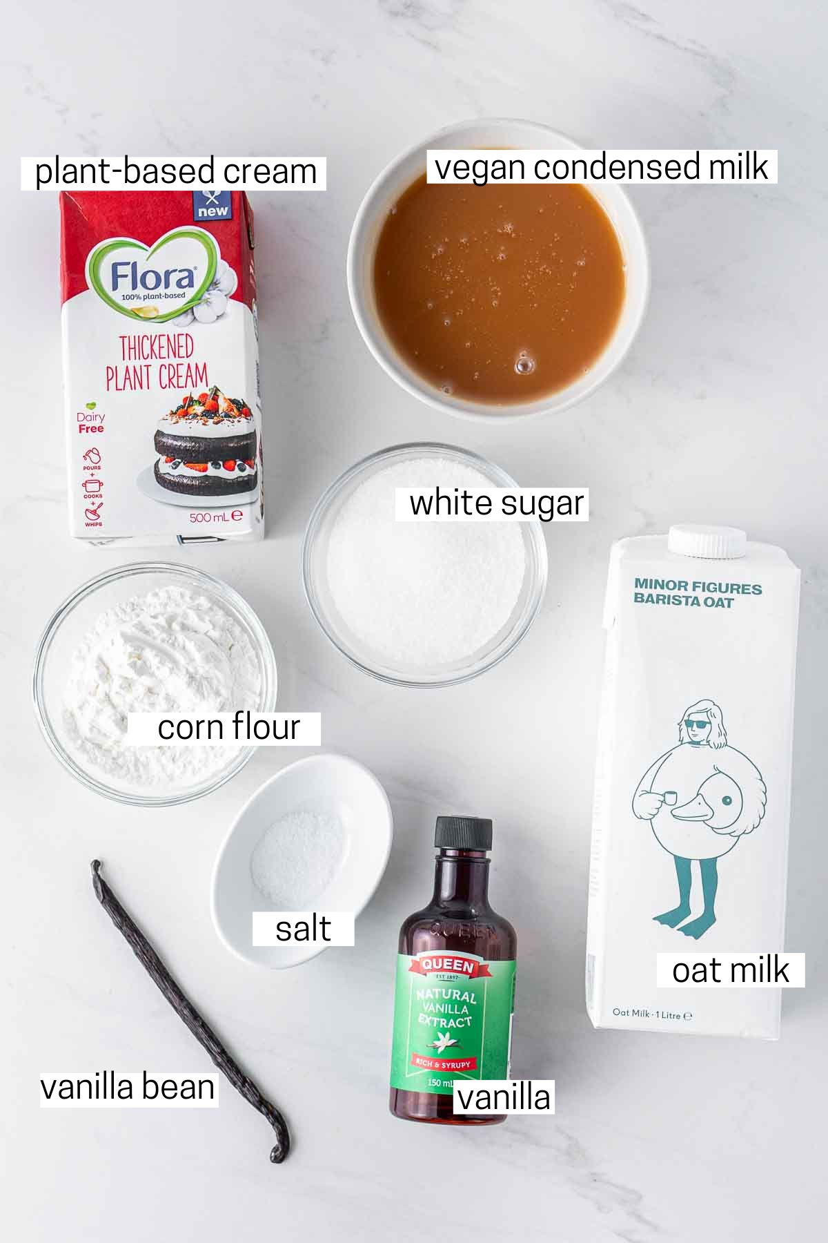 All ingredients needed to make vegan vanilla ice cream laid out in bowls.