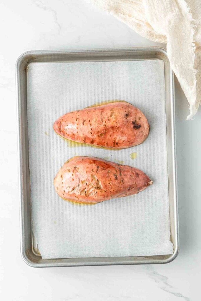 Sweet potato on a baking tray.