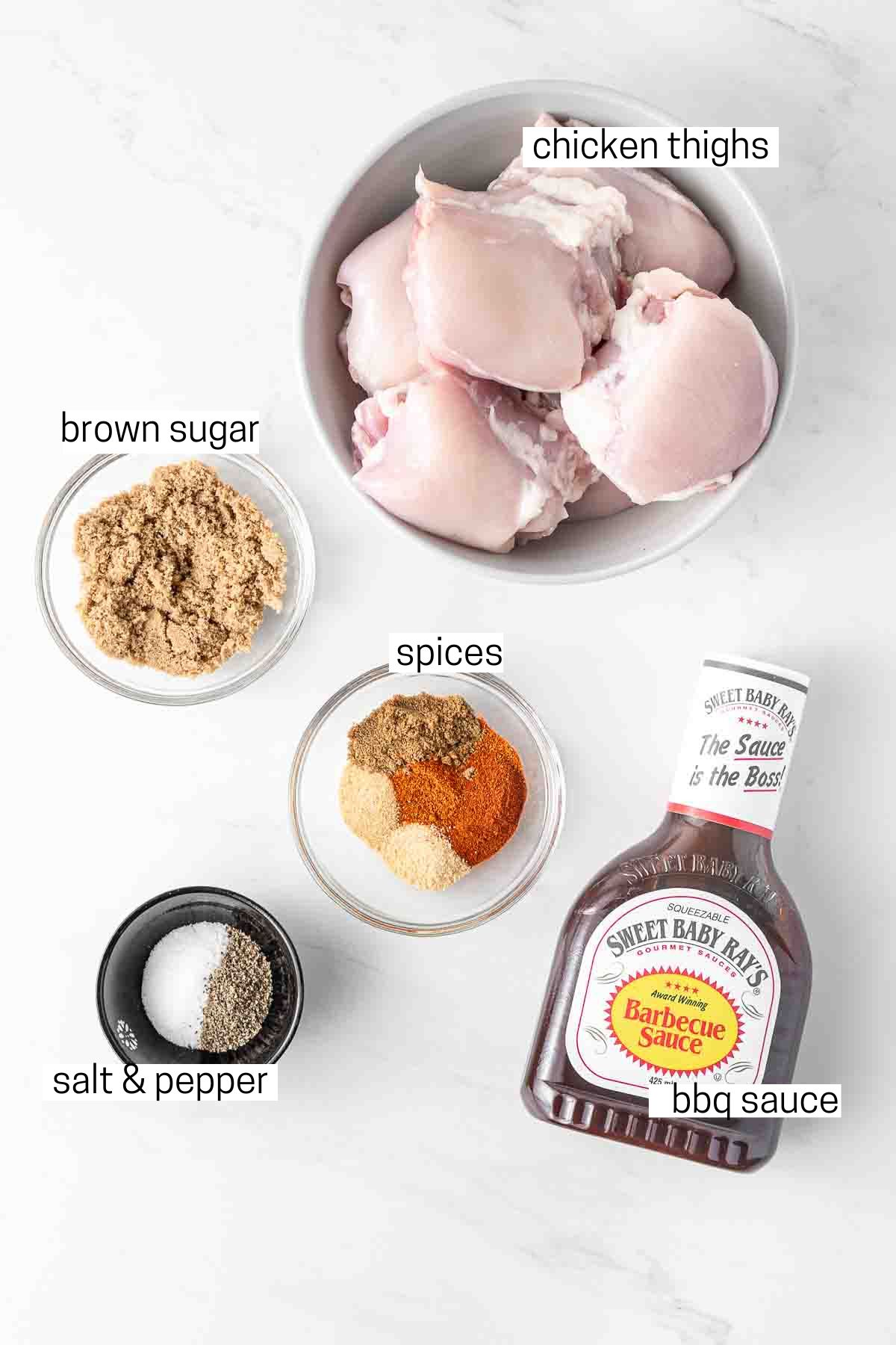 All ingredients needed for air fryer bbq chicken laid out in bowls.