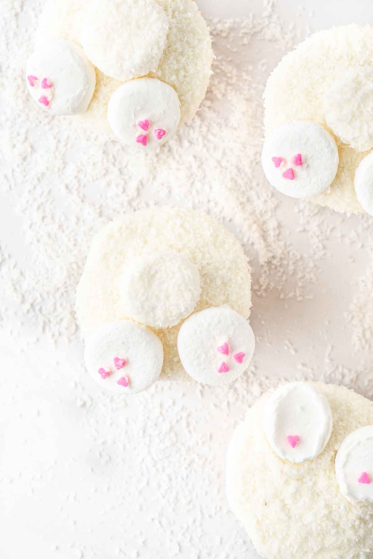 Close up of bunny butt cupcakes.