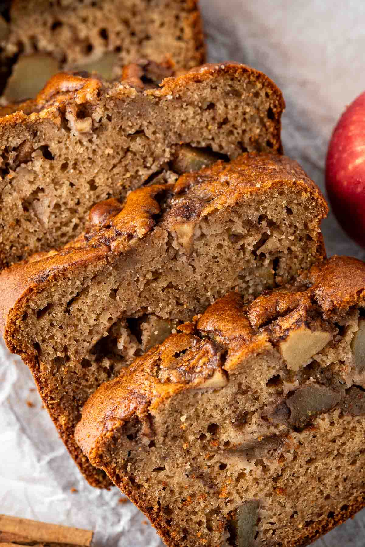 Close up of slices of apple cinnamon loaf.