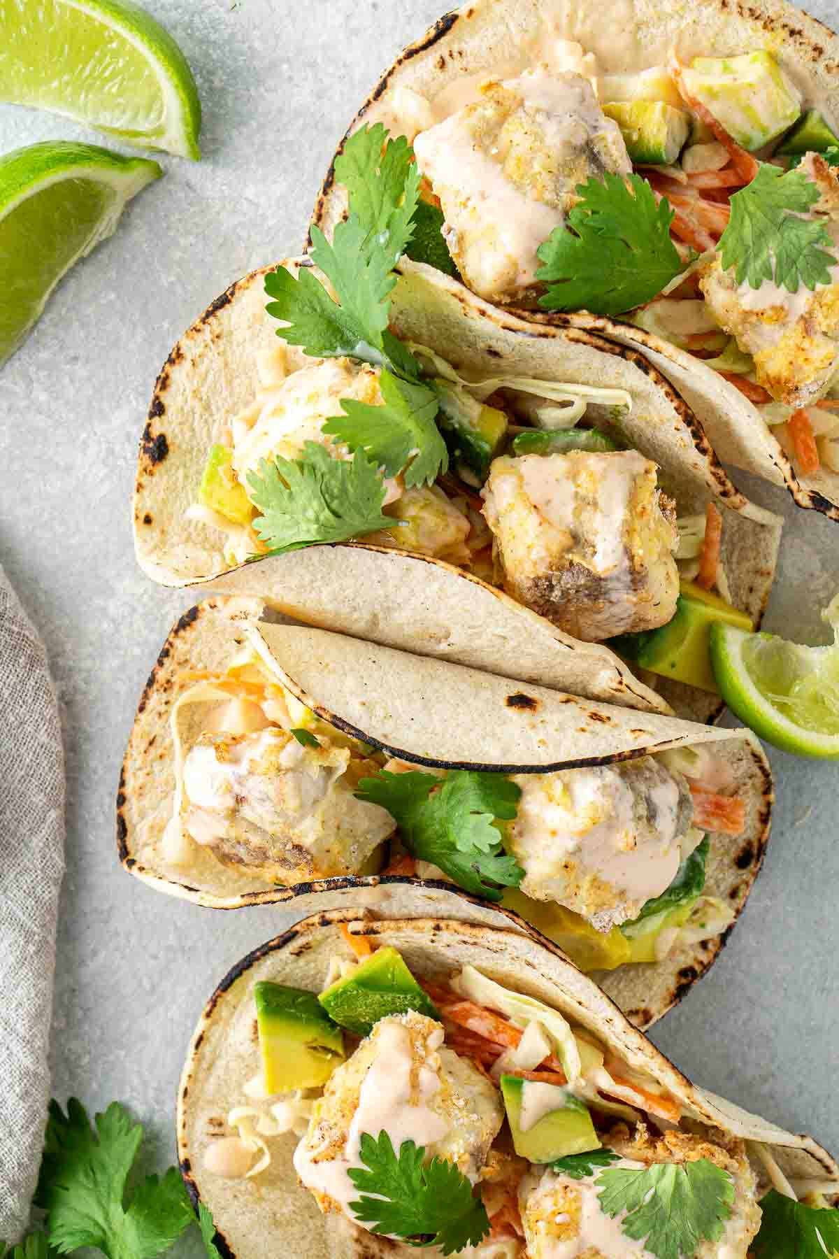 Gluten free fish taco with coriander and lime.