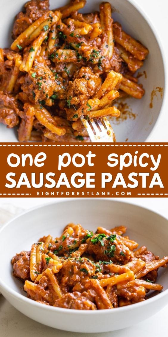 One Pot Spicy Sausage Pasta - Eight Forest Lane