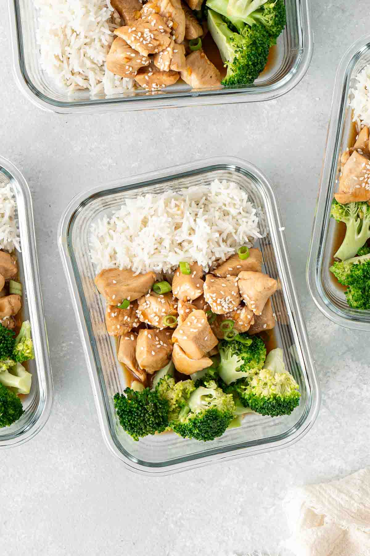 Teriyaki chicken, broccoli and rice in meal prep containers.