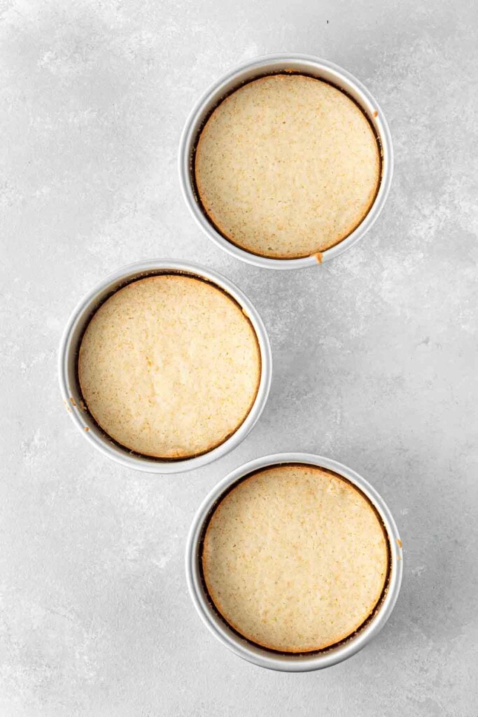 Cooked lemon cakes in round cake tins.