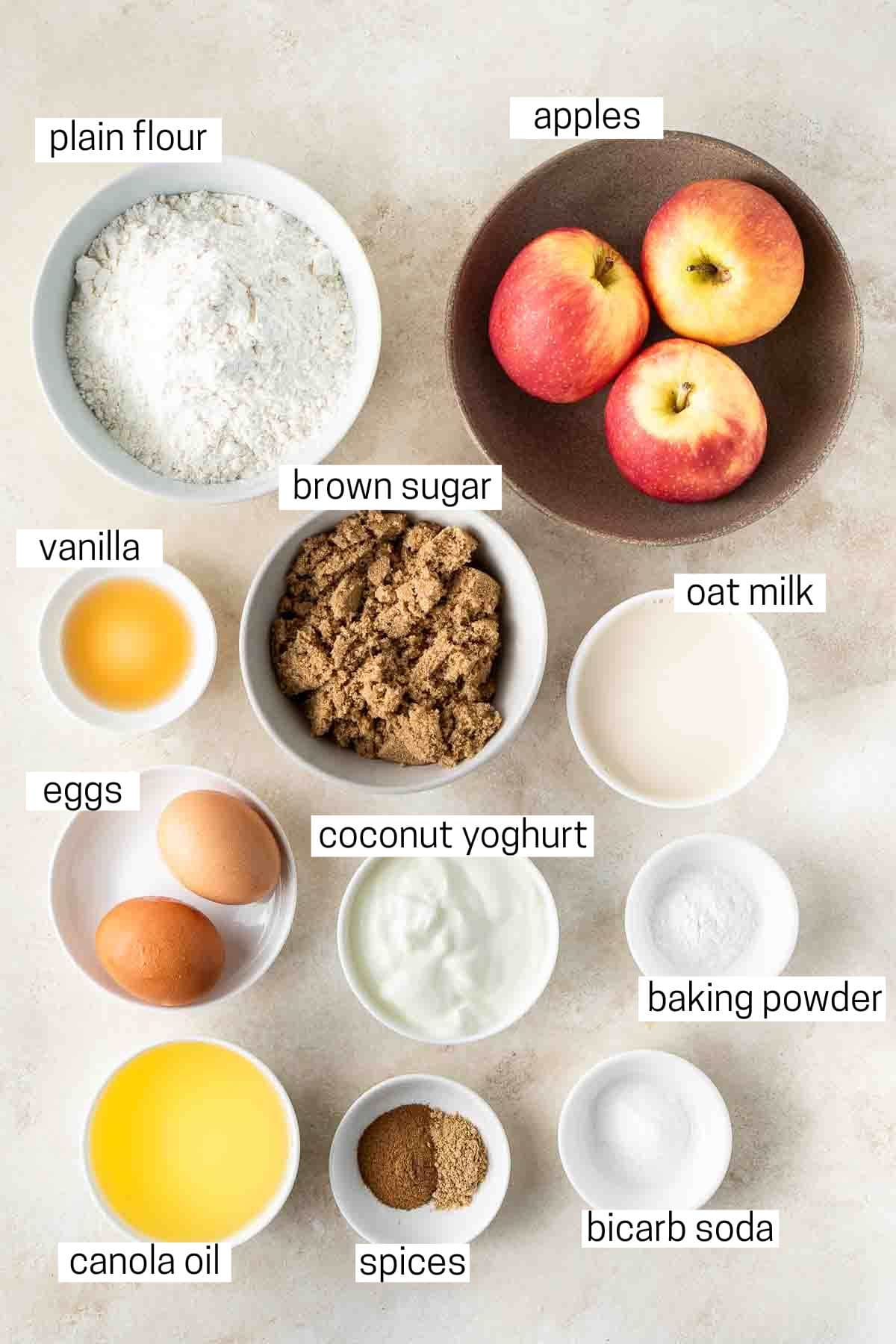 All ingredients needed to make apple cinnamon bread laid out in bowls.