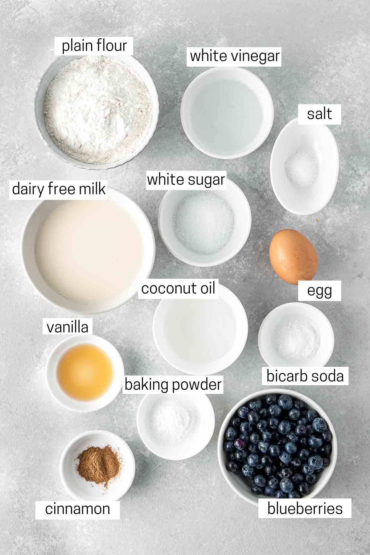 All ingredients needed to make dairy free blueberry buttermilk pancakes laid out in small bowls.