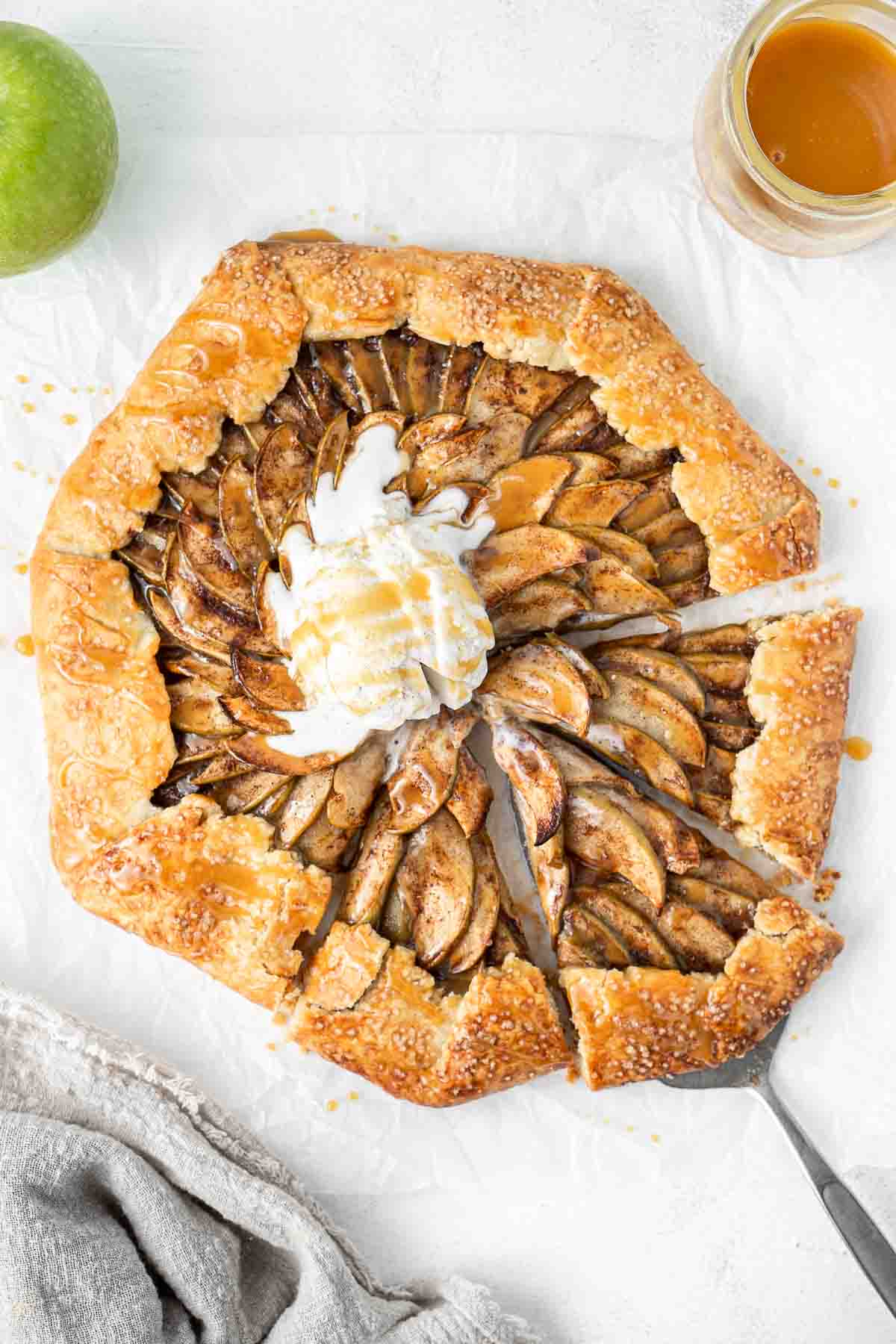 Caramel apple galette with ice cream.