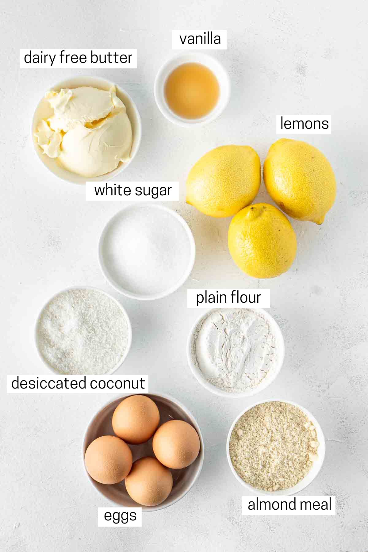 All ingredients needed for dairy free lemon bars.