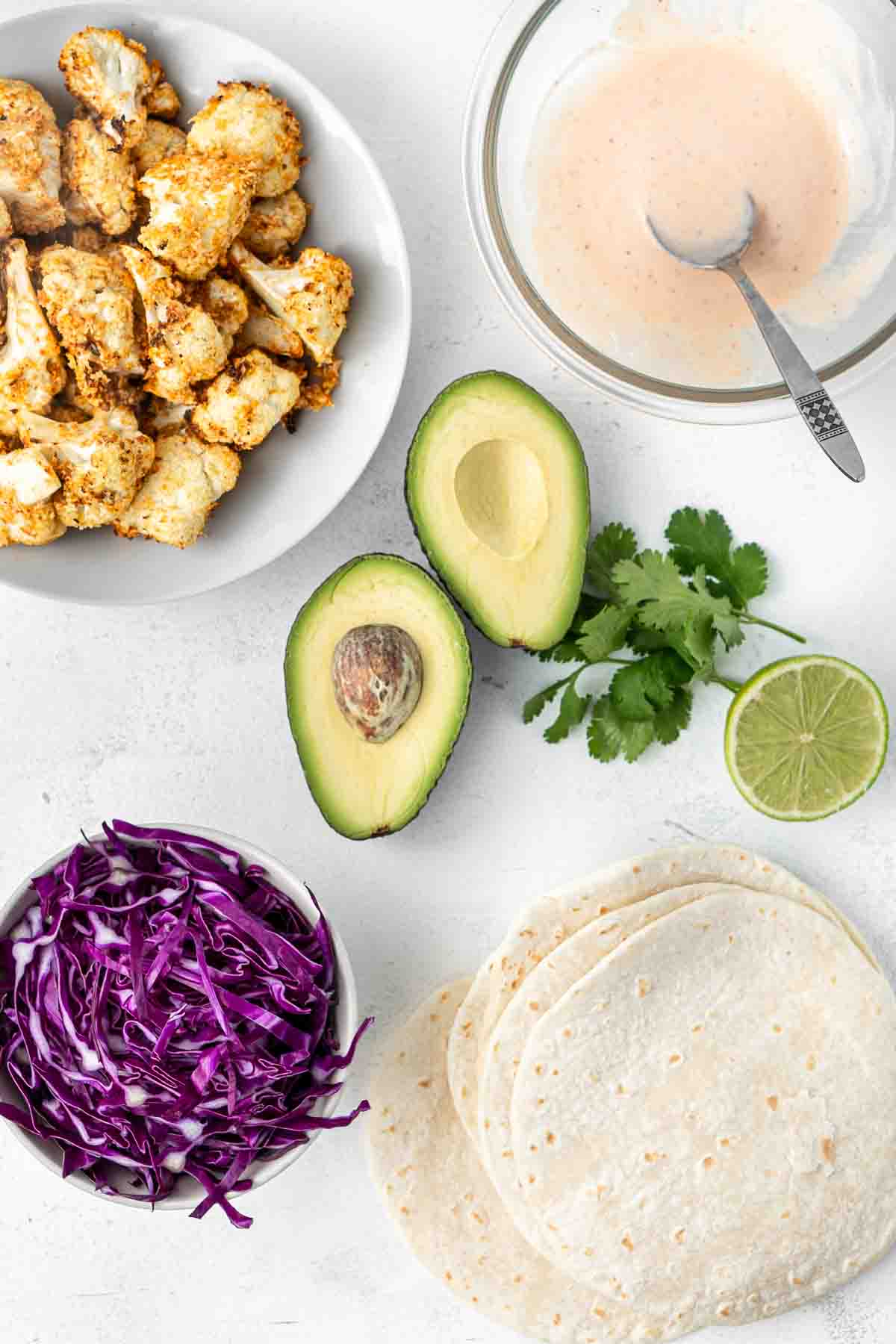 All ingredients laid out ready to assemble the tacos.