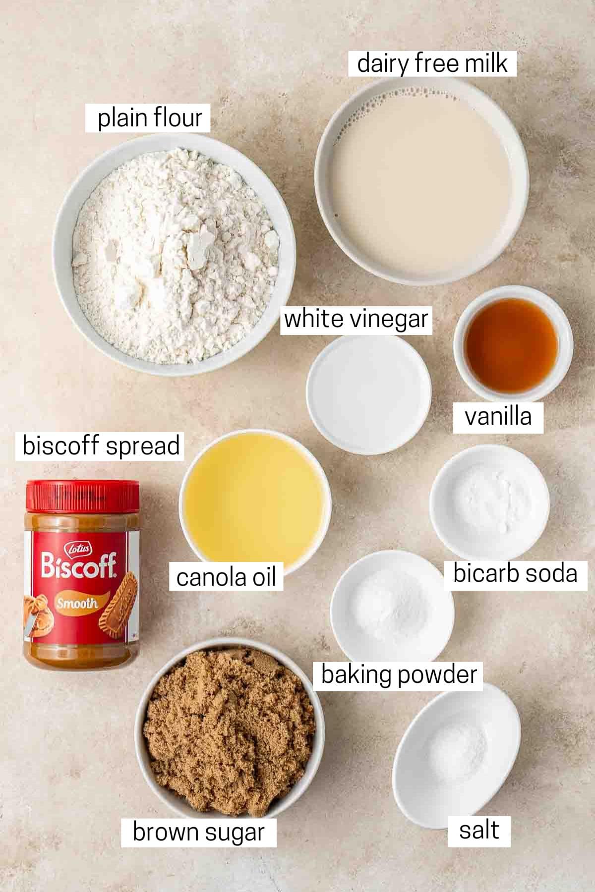 All ingredients needed for a vegan biscoff cake laid out in bowls.