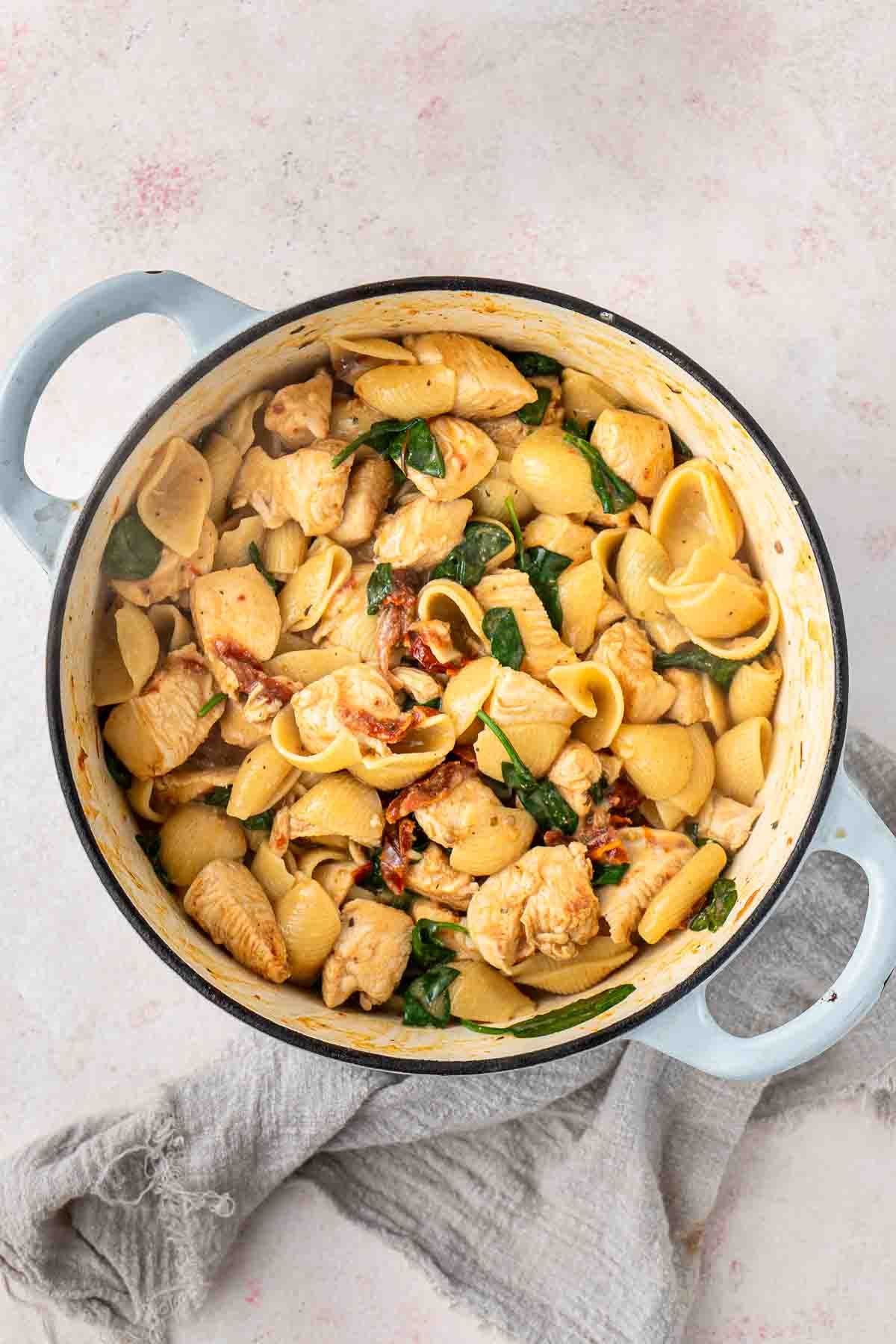 Marry me chicken pasta in a Dutch oven.