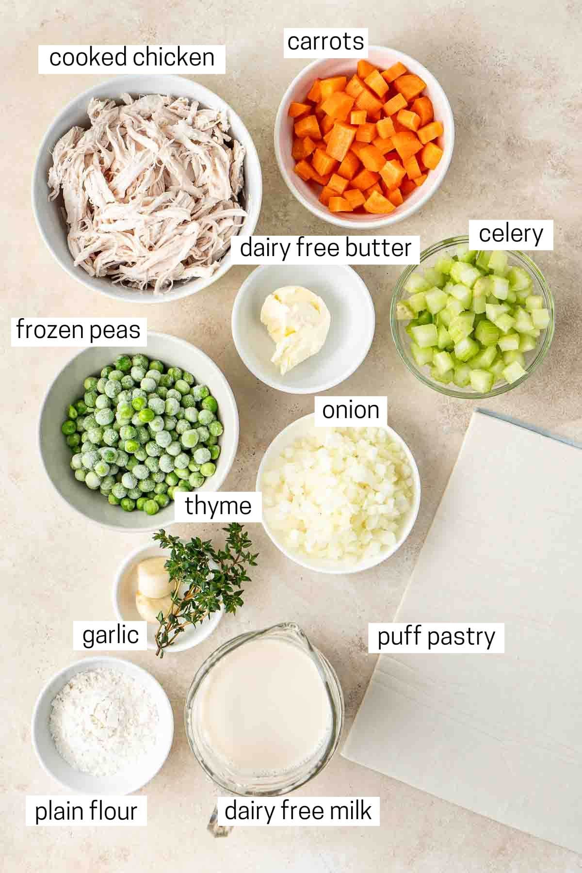 All ingredients needed for chicken pot pie laid out in small bowls.