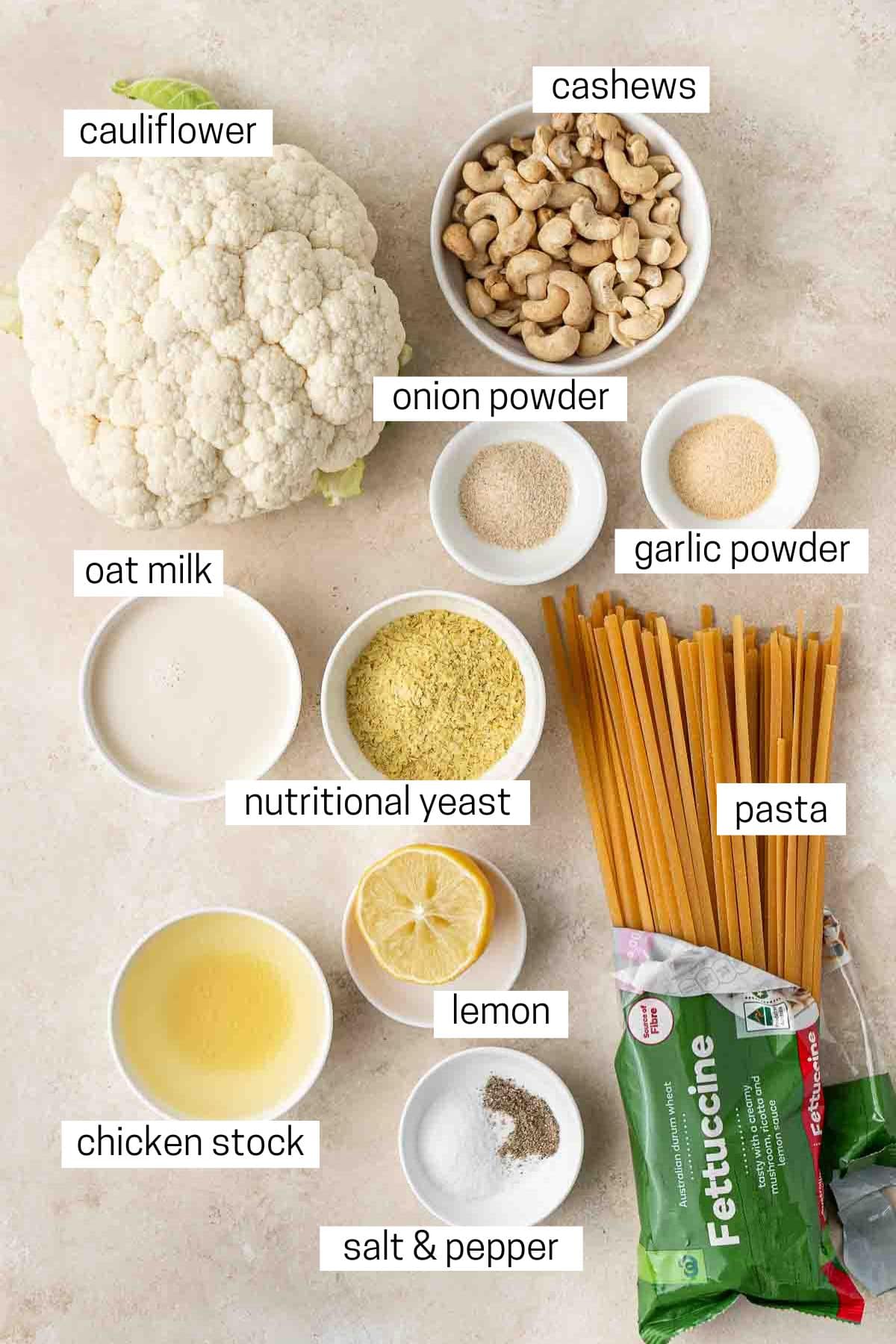 All ingredients needed to make vegan cauliflower alfredo laid out.