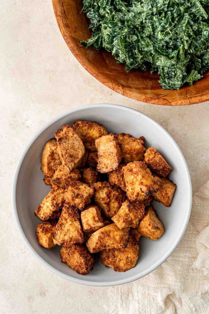 A bowl of crispy tofu nuggets.