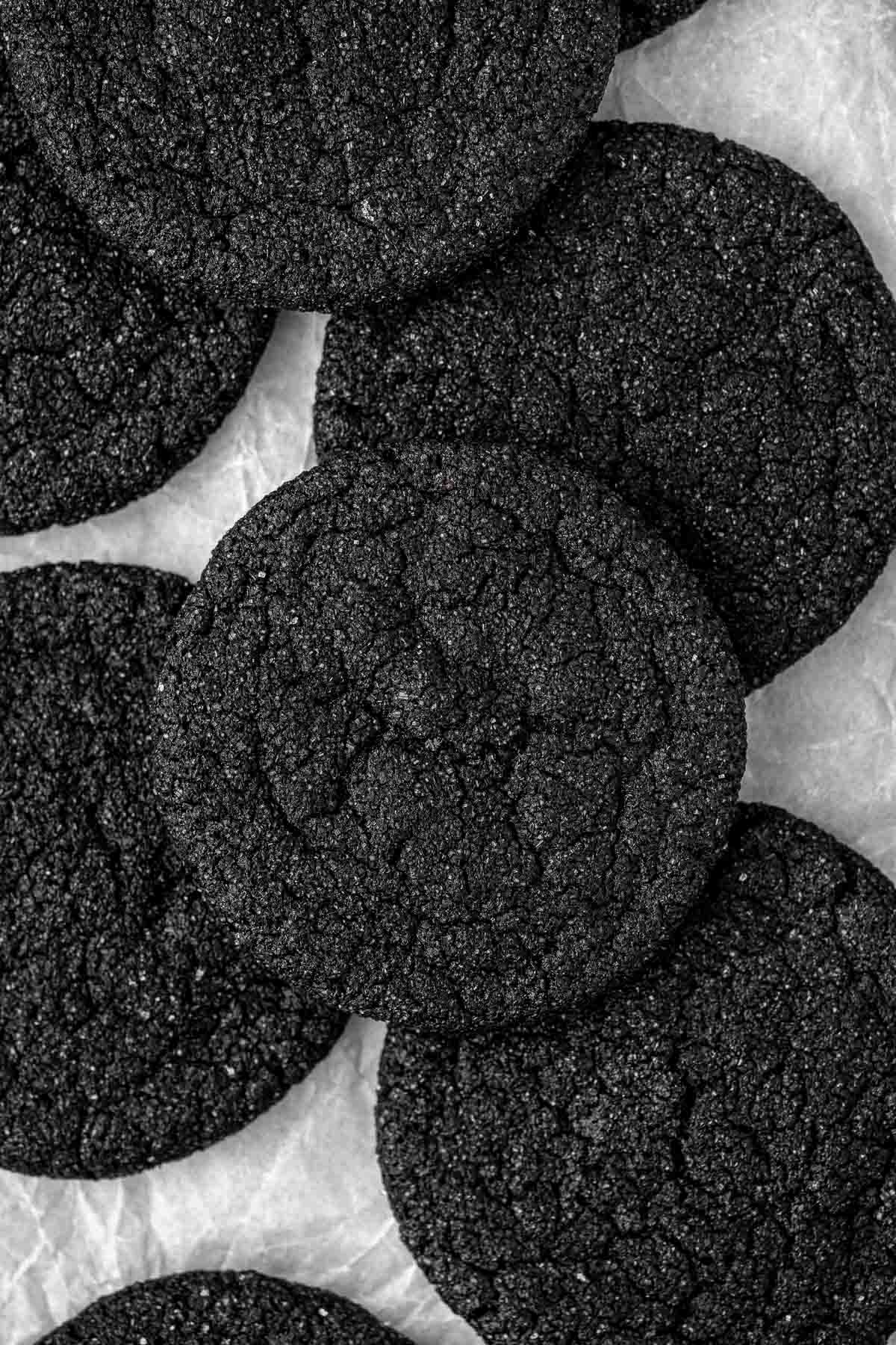 Close up of black cocoa sugar cookies.