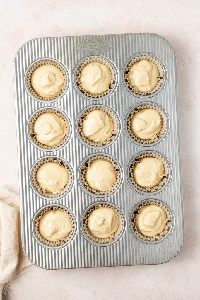 Cupcake batter in a muffin pan.