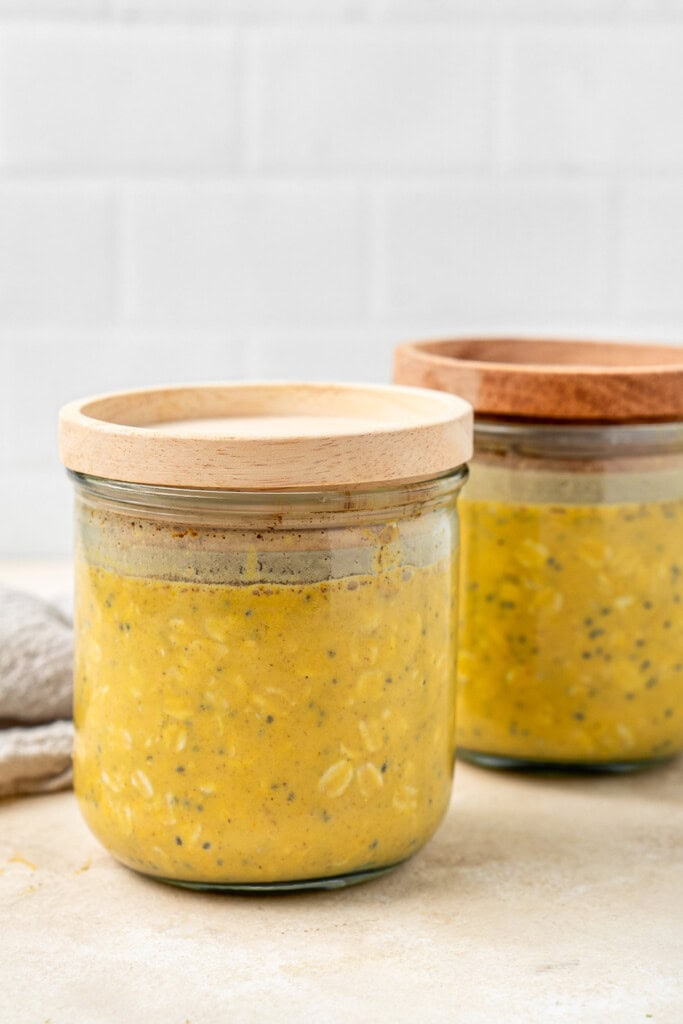 Pumpkin overnight oats prepped with the lid on ready for the fridge. 