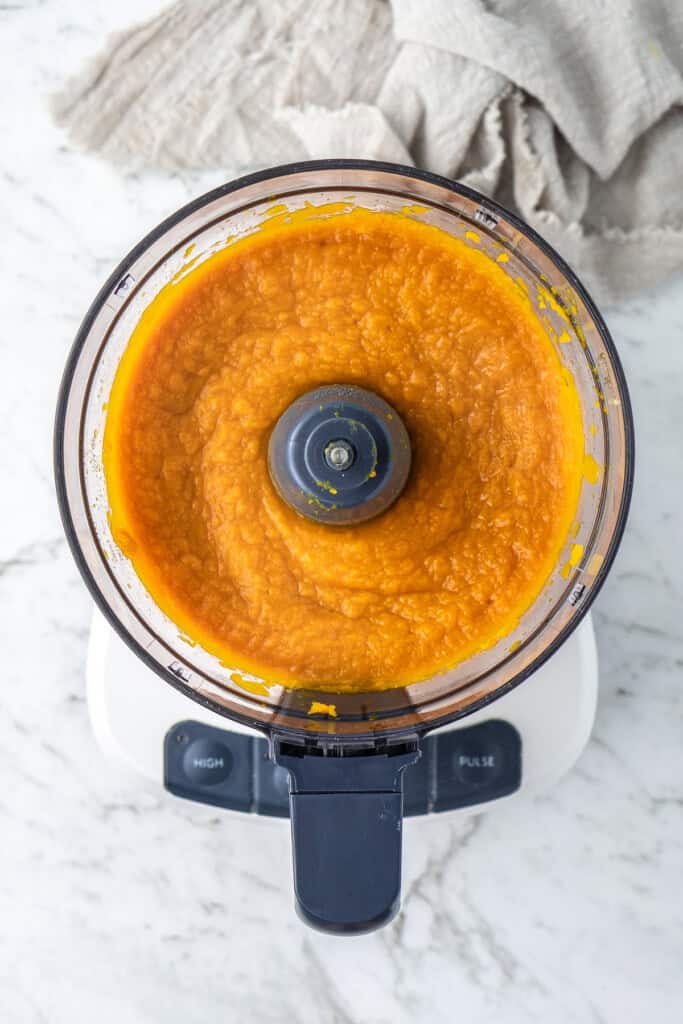 Pumpkin puree in a food processor.