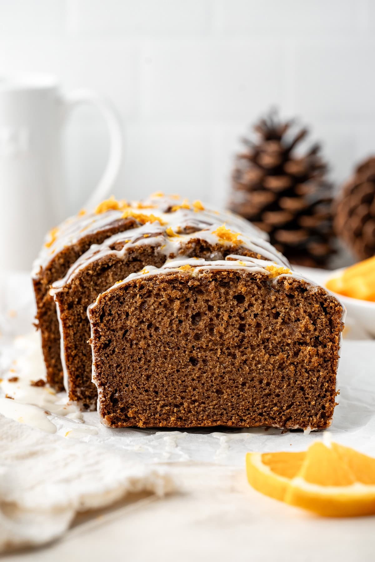 Vegan gingerbread cake cut into slices.