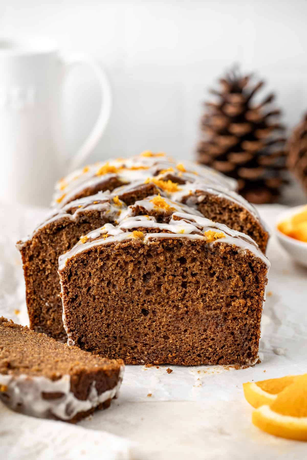 Close up of the gingerbread loaf cake, sliced.