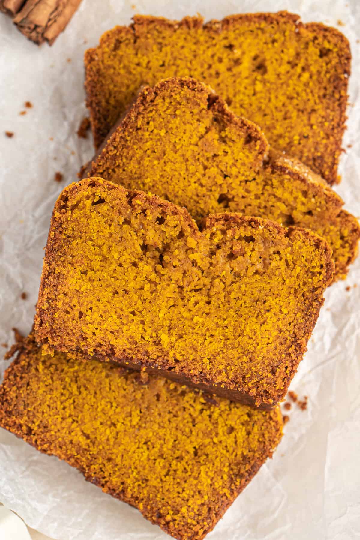 Close up of slices of pumpkin bread.