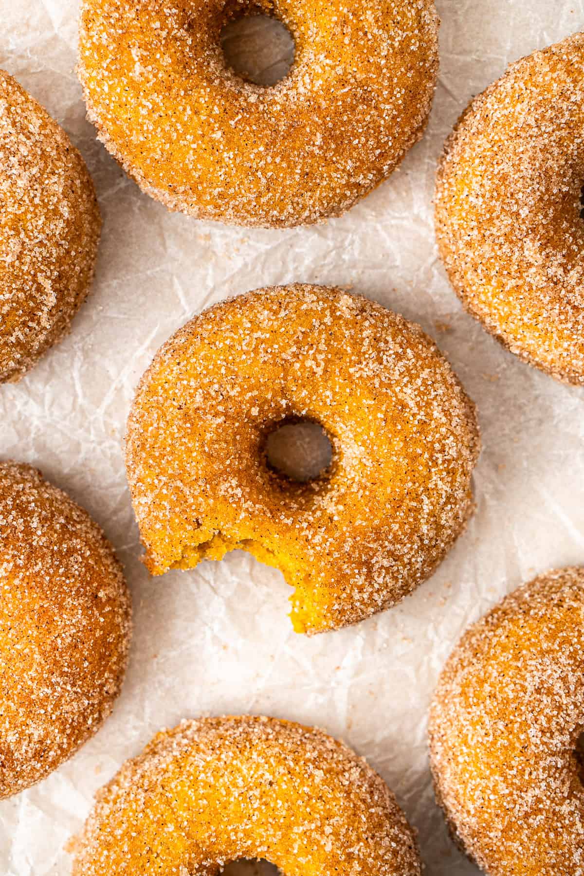 Vegan pumpkin doughnuts laid out on baking paper, one with a bite taken.