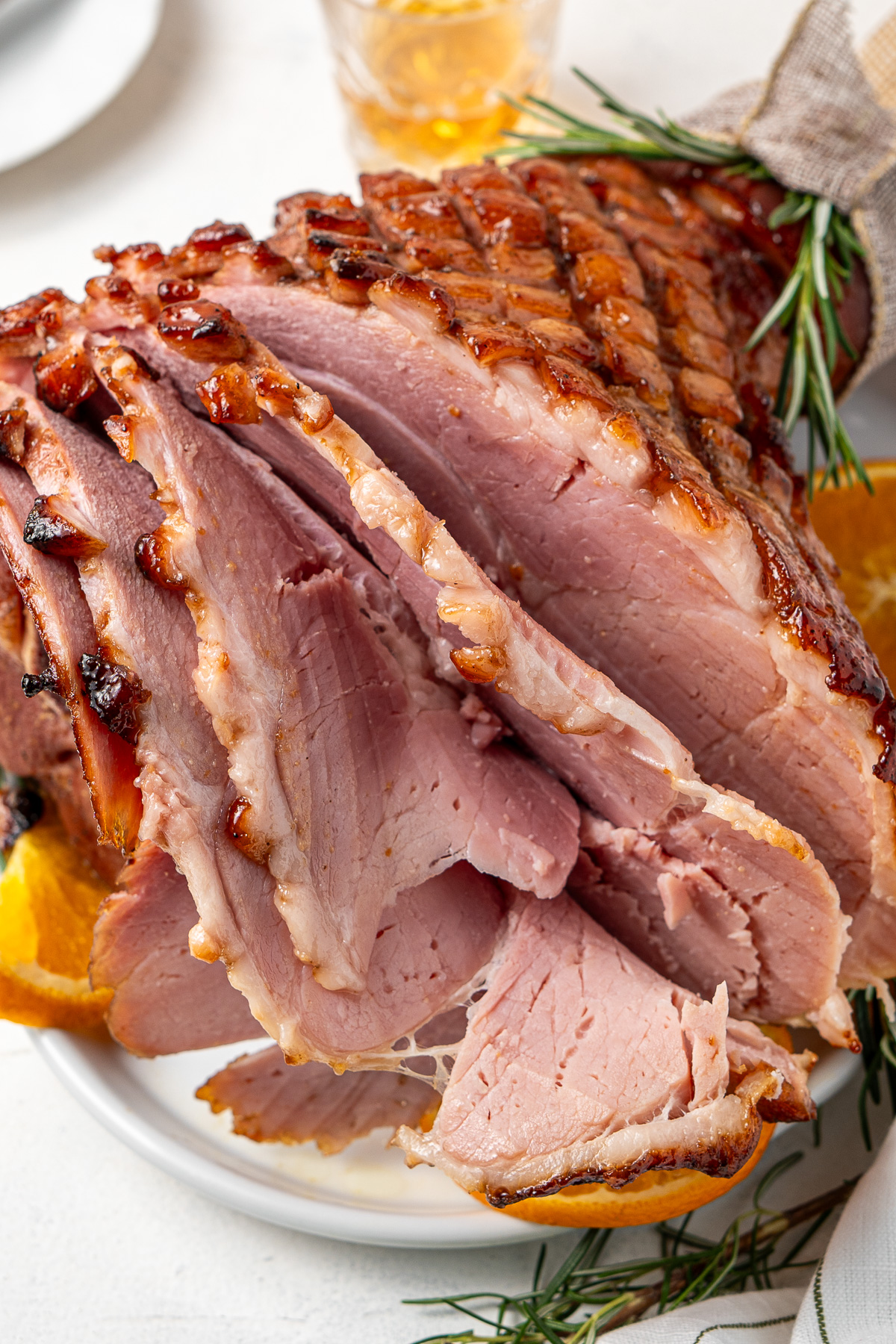 Close up of the glazed ham sliced.