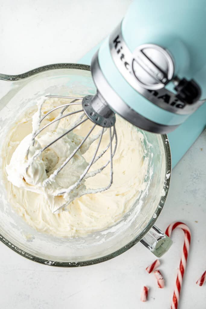 The peppermint buttercream in a stand mixer.