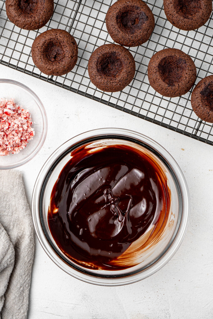 The chocolate ganache in a small glass bowl.