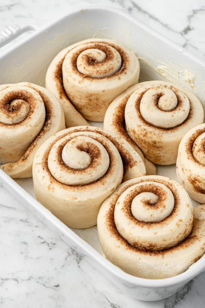 The cinnamon rolls after the second rise.